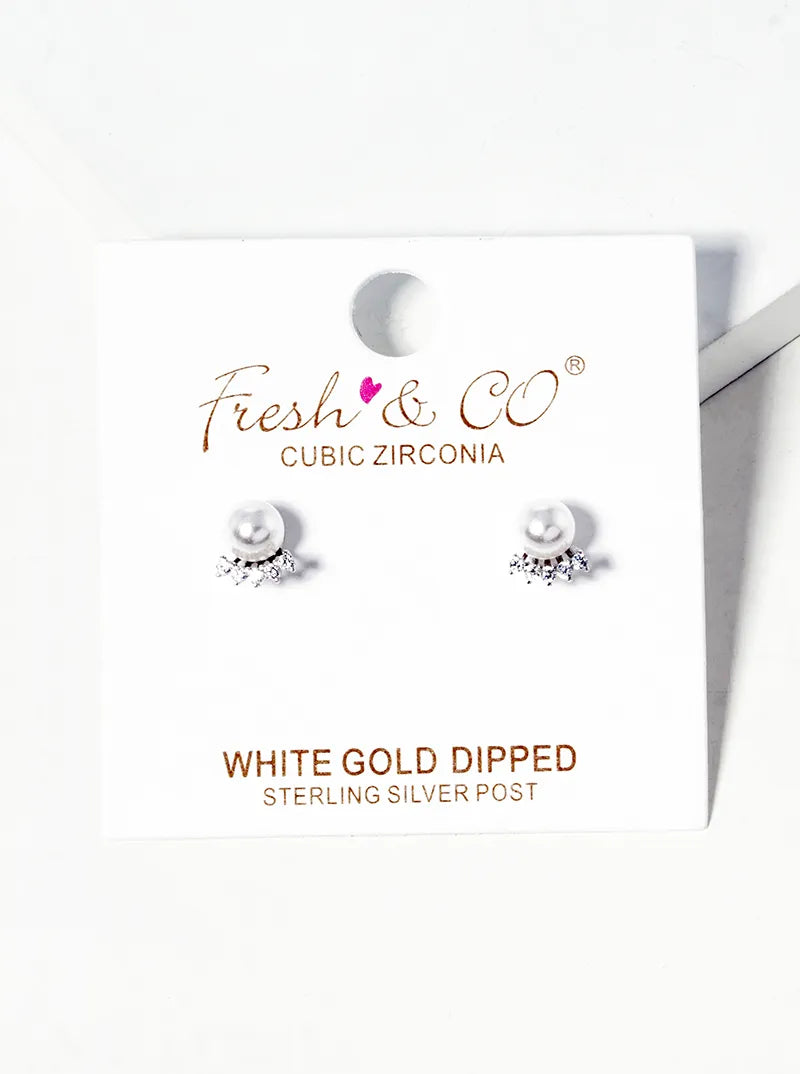 18K Gold Dipped 4mm Pearl Bead With CZ Post Stud Earrings