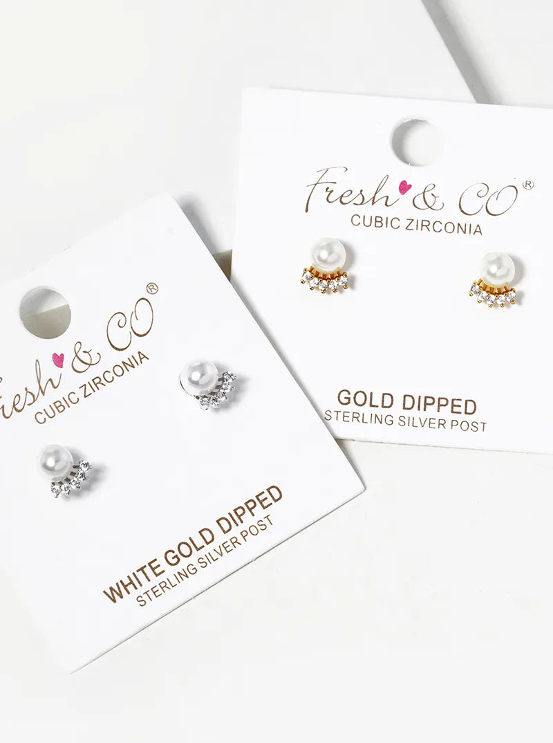 18K Gold Dipped 4mm Pearl Bead With CZ Post Stud Earrings