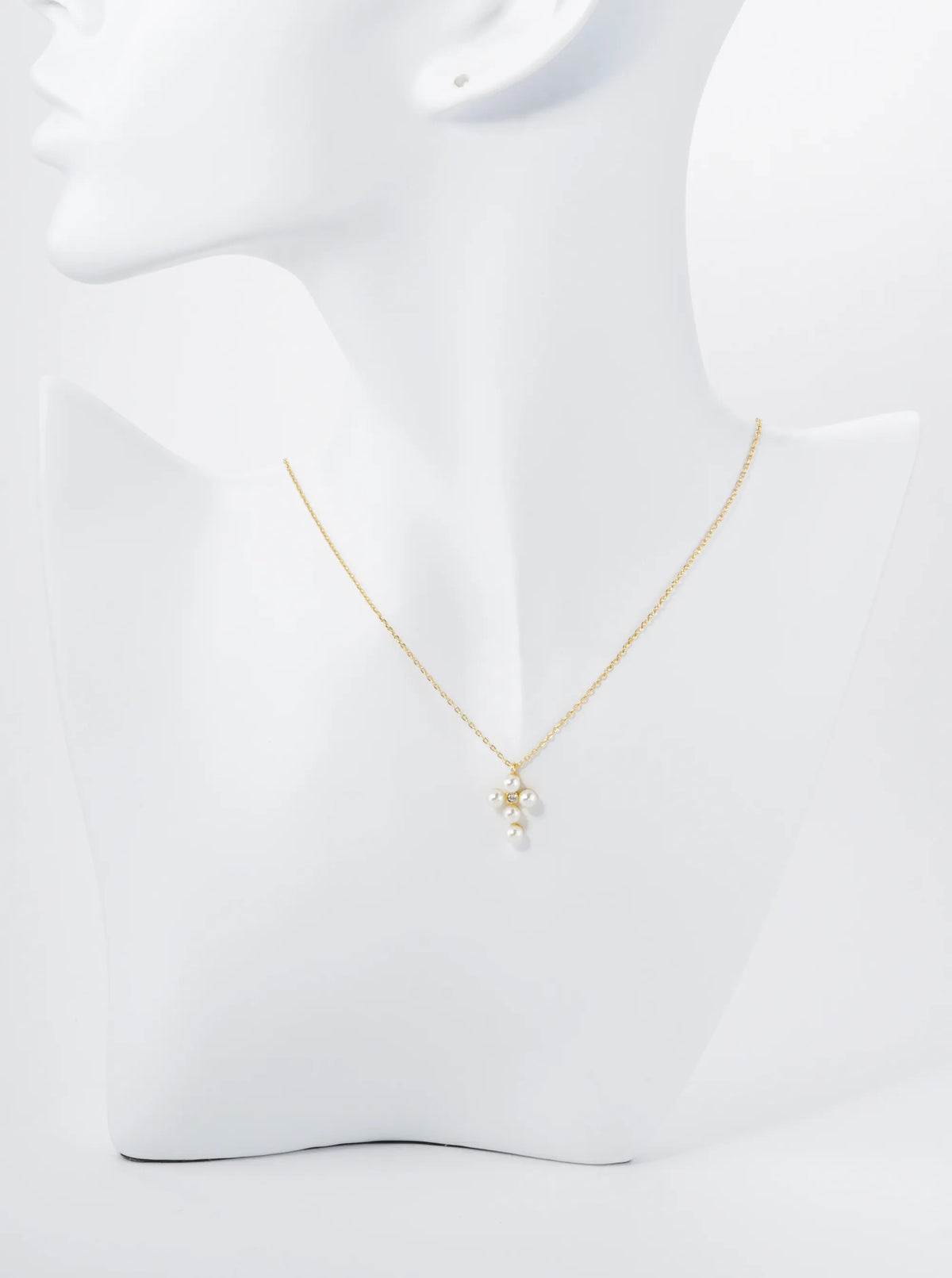 18K Gold Dipped 4mm Pearl Beaded Cross Pendant Necklace