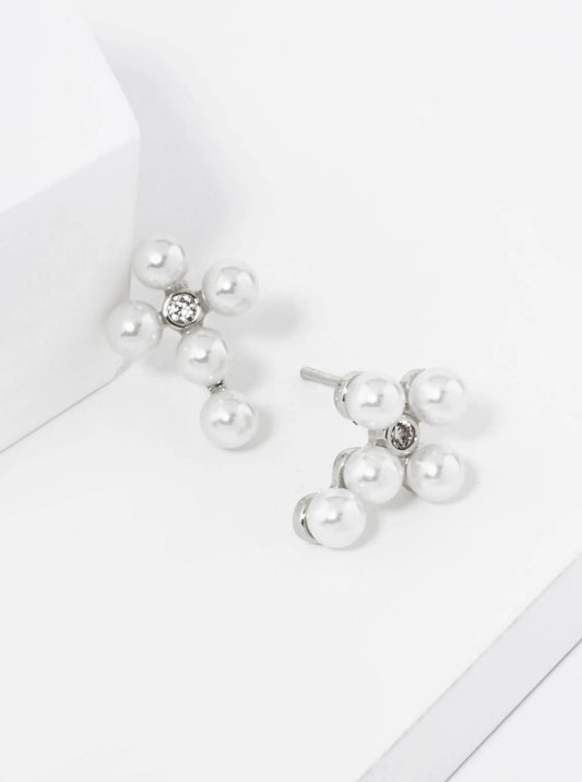 18K Gold Dipped 4mm Pearl Beaded Cross Stud Earrings