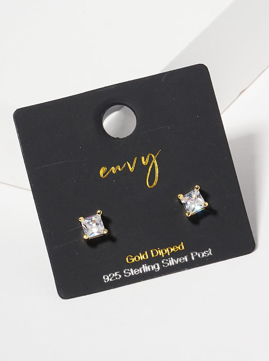 18K Gold Dipped 4mm Square CZ Sterling Silver Post Stud Earrings