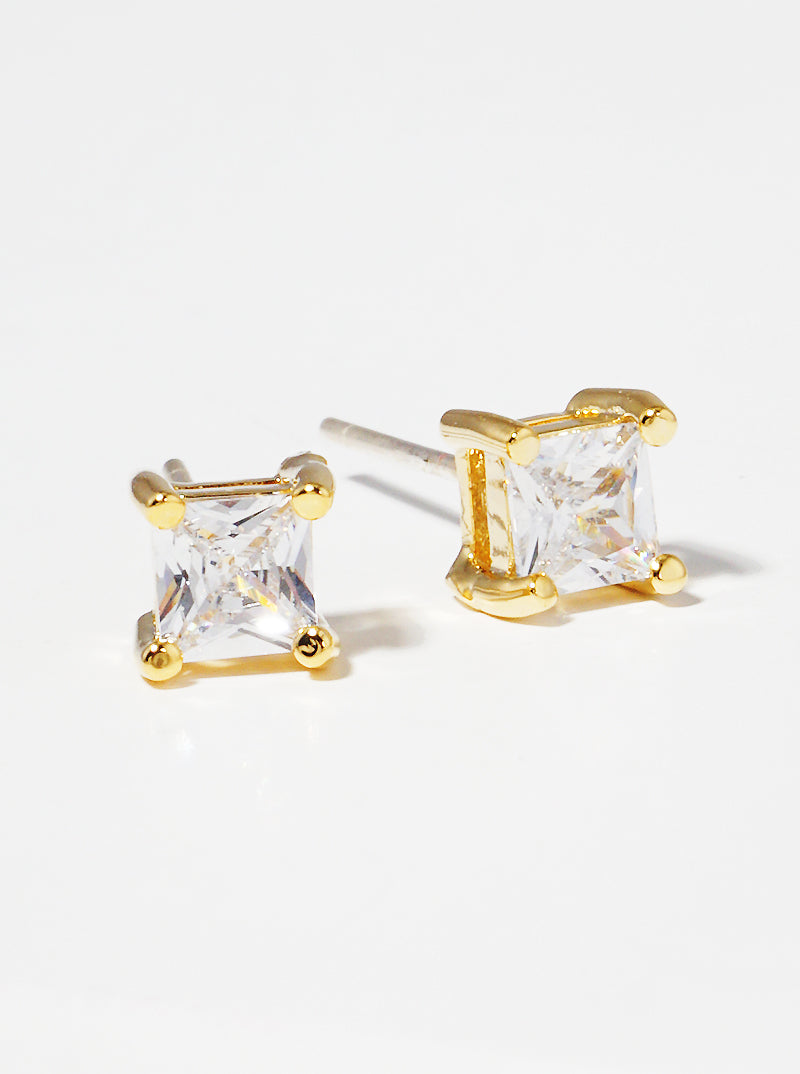 18K Gold Dipped 4mm Square CZ Sterling Silver Post Stud Earrings