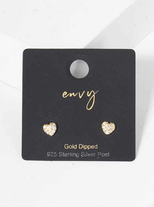 18K Gold Dipped 5mm Heart CZ Pave Sterling Silver Post Stud Earrings