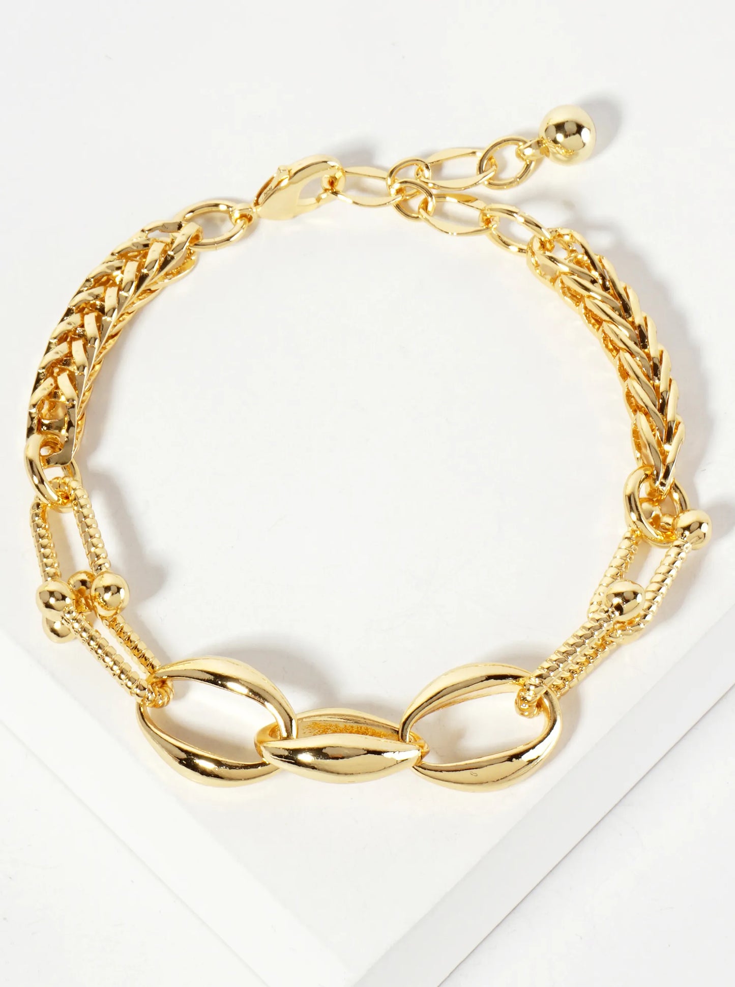 18K-Gold-Dipped 5mm Wheat-Chain Polished Brass Chain Bracelet With Oval And Textured HardWear Chain