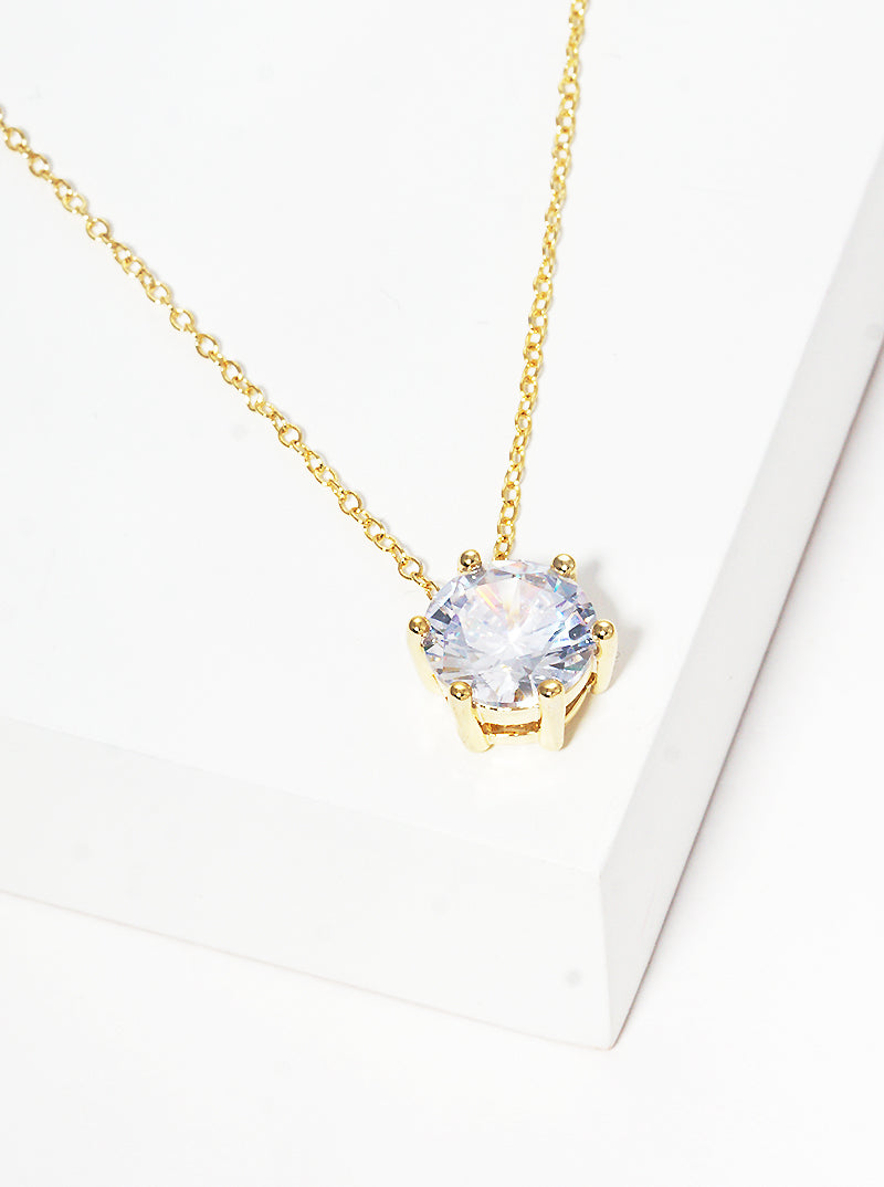 18K Gold Dipped 6-Prong Crown 10mm CZ Pendant Brass Necklace