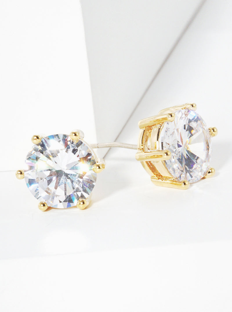 18K Gold Dipped 6-Prong Crown 10mm CZ Sterling Silver Post Stud Earrings