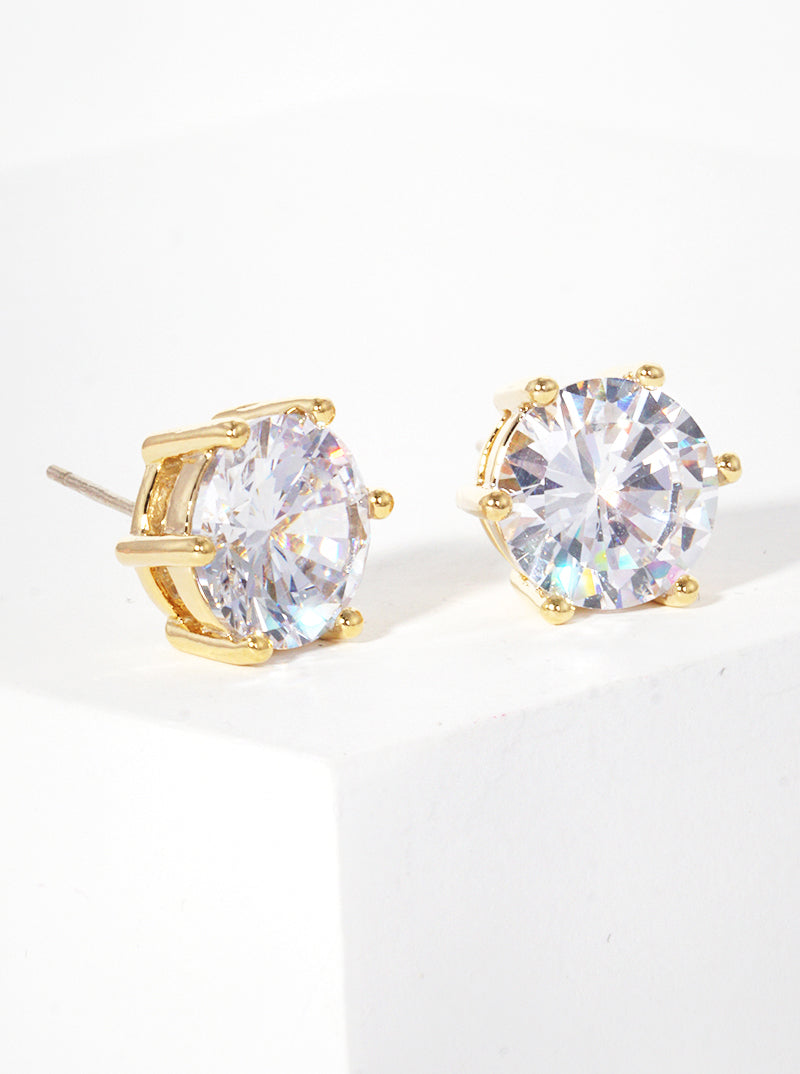 18K Gold Dipped 6-Prong Crown 10mm CZ Sterling Silver Post Stud Earrings