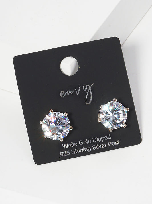 18K Gold Dipped 6-Prong Crown 10mm CZ Sterling Silver Post Stud Earrings