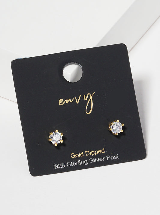 18K Gold Dipped 6-Prong Crown 4mm CZ Sterling Silver Post Stud Earrings
