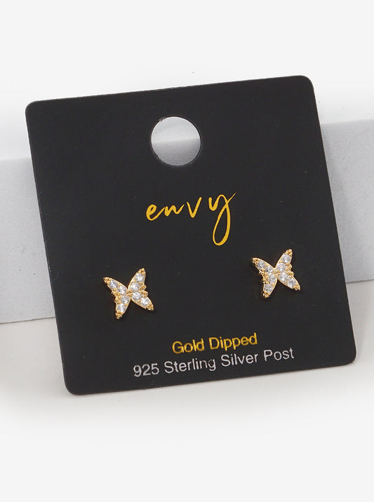 18K Gold Dipped 6mm Butterfly CZ Sterling Silver Post Stud Earrings