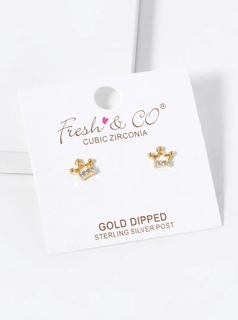 18K-Gold-Dipped 6mm CZ Crown Stud Earrings