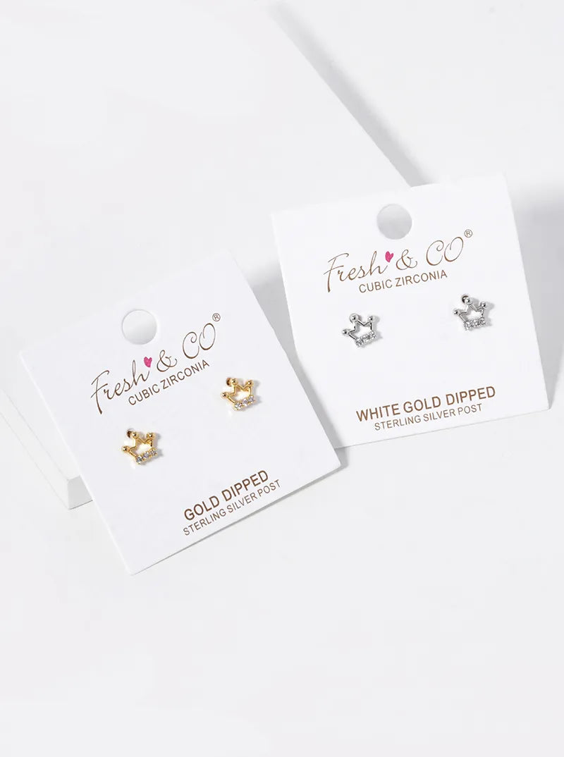 18K-Gold-Dipped 6mm CZ Crown Stud Earrings