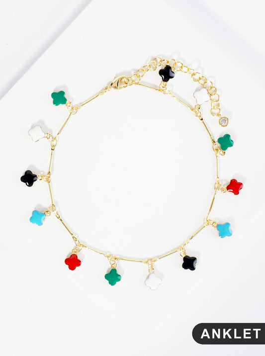 18K Gold Dipped 6mm Enamel Quatrefoil Charms Brass Chain Anklet