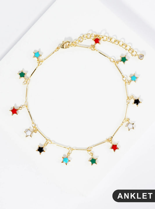 18K Gold Dipped 6mm Enamel Star Charms Brass Chain Anklet