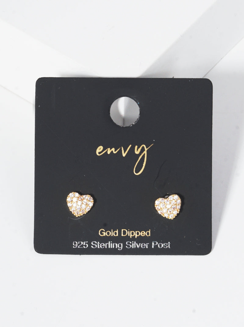 18K Gold Dipped 6mm Heart CZ Pave Sterling Silver Post Stud Earrings