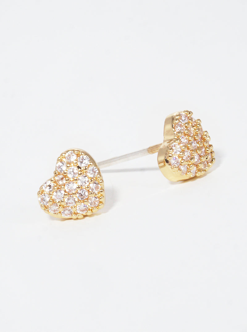 18K Gold Dipped 6mm Heart CZ Pave Sterling Silver Post Stud Earrings