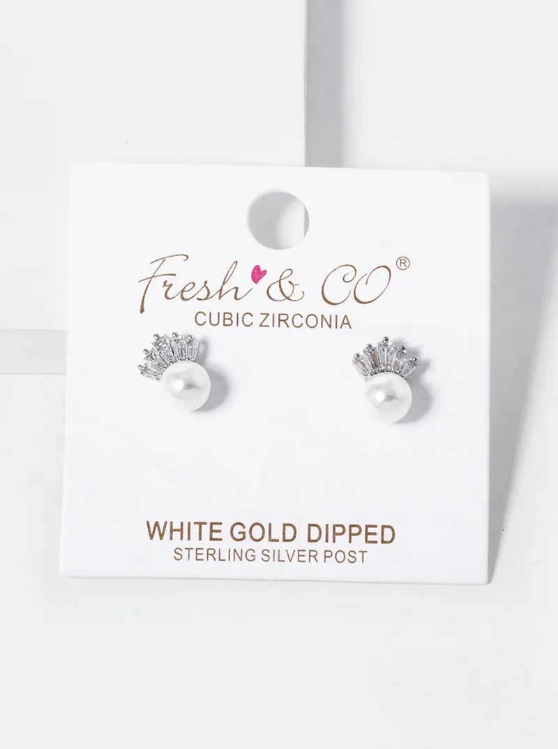 18K Gold Dipped 6mm Pearl Drop Baguette CZ Stud Earrings