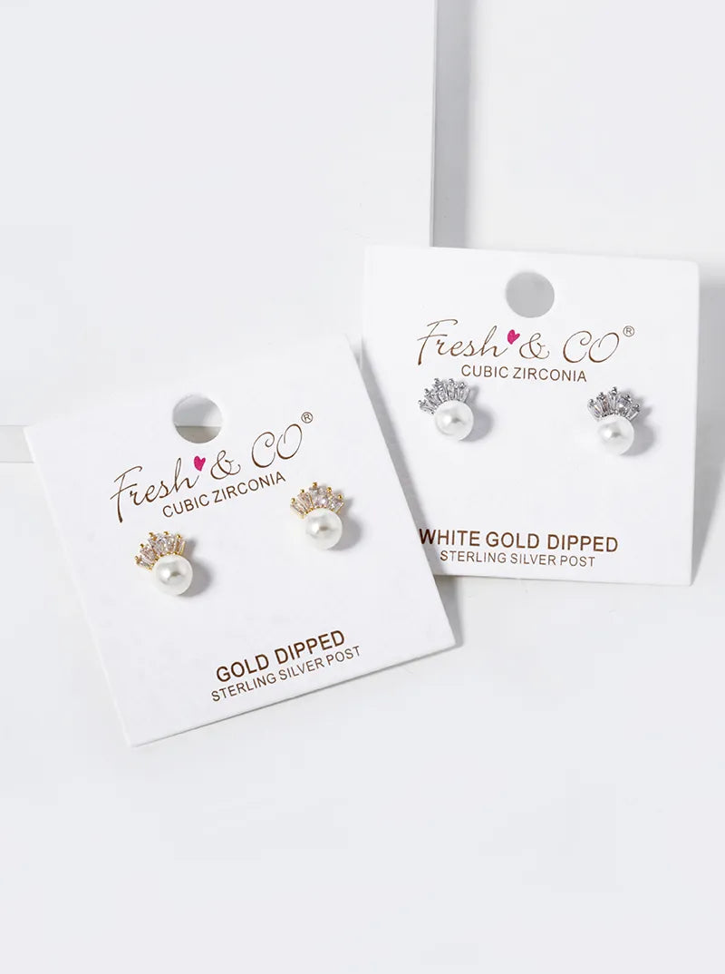 18K Gold Dipped 6mm Pearl Drop Baguette CZ Stud Earrings