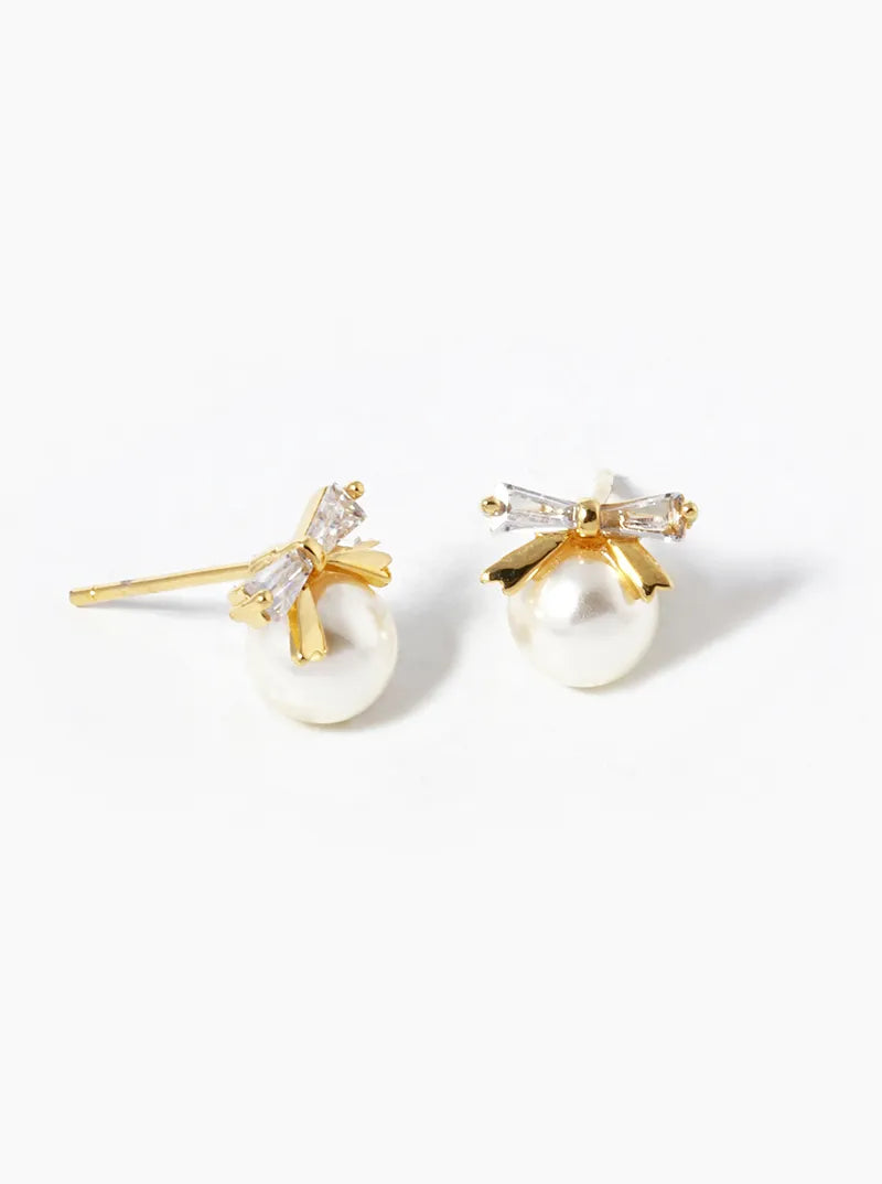 18K Gold Dipped 6mm Pearl Drop CZ Ribbon Bow Stud Earrings