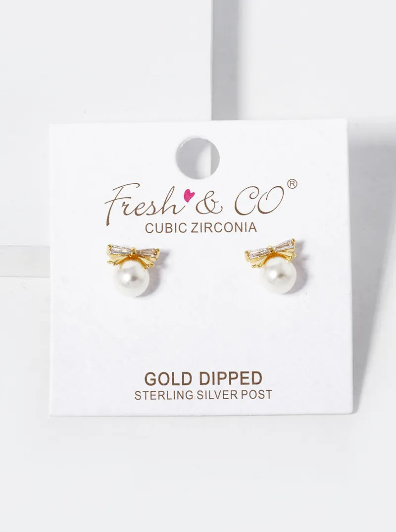 18K Gold Dipped 6mm Pearl Drop CZ Ribbon Bow Stud Earrings