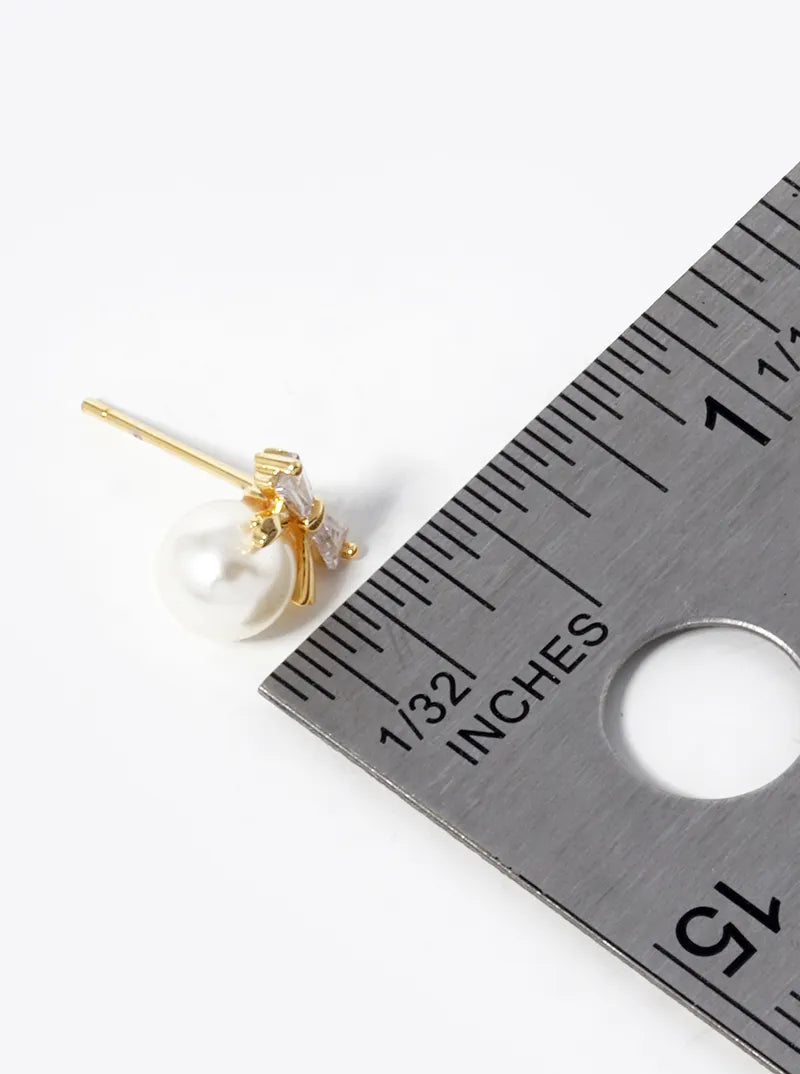 18K Gold Dipped 6mm Pearl Drop CZ Ribbon Bow Stud Earrings
