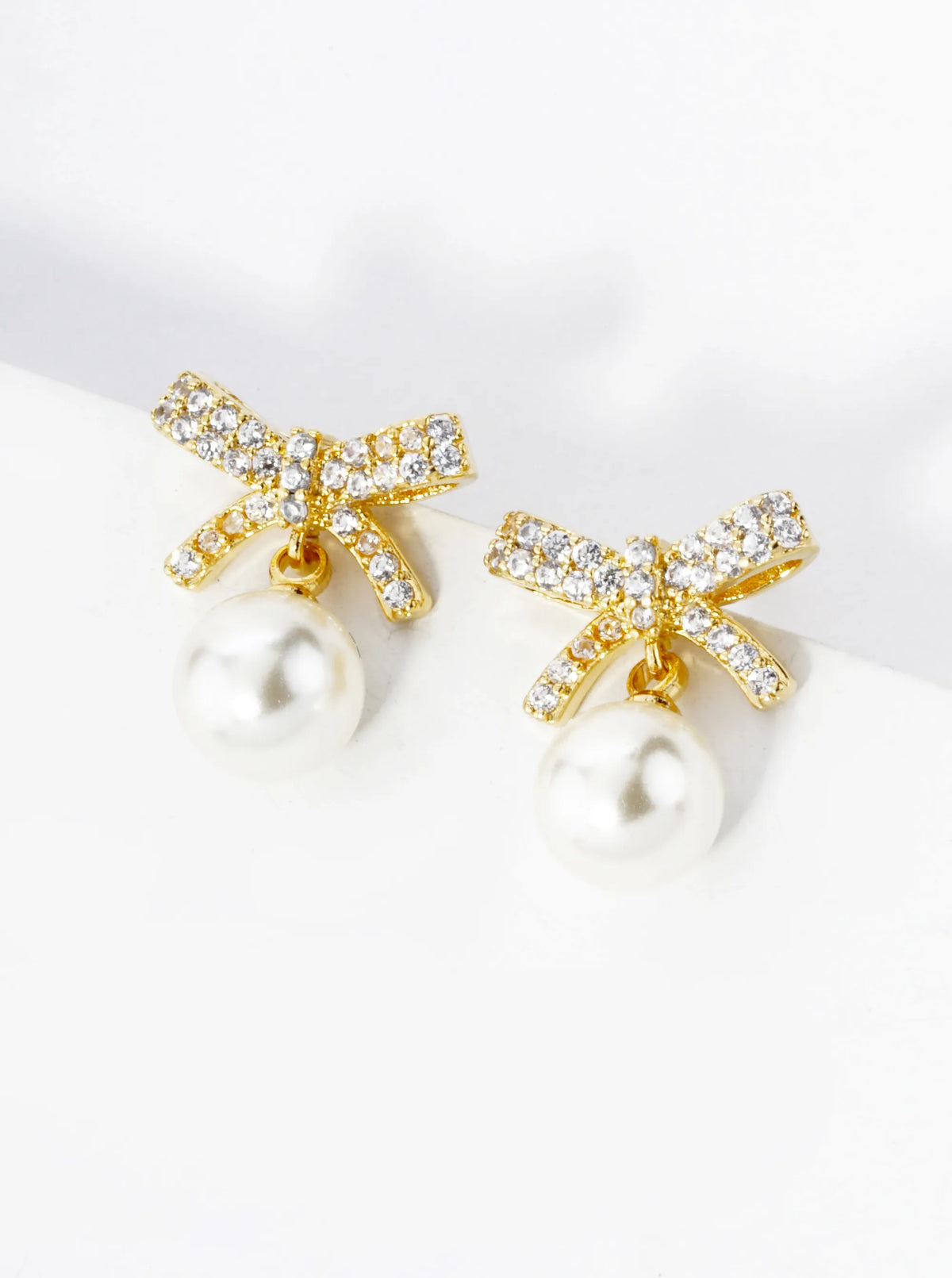 18K Gold Dipped 7mm Pearl Drop Micro Pave Set Cubic Zirconia Ribbon Bow Dangle Post Earrings