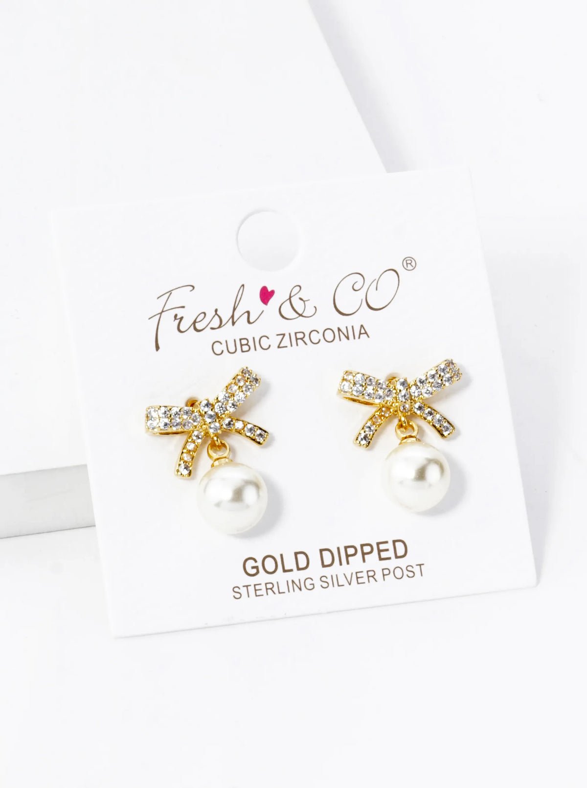 18K Gold Dipped 7mm Pearl Drop Micro Pave Set Cubic Zirconia Ribbon Bow Dangle Post Earrings