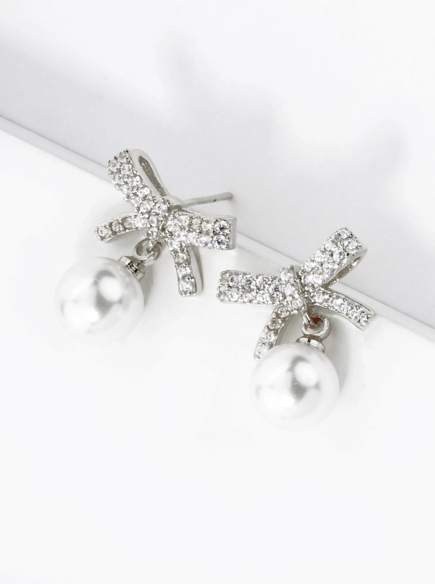 18K Gold Dipped 7mm Pearl Drop Micro Pave Set Cubic Zirconia Ribbon Bow Dangle Post Earrings