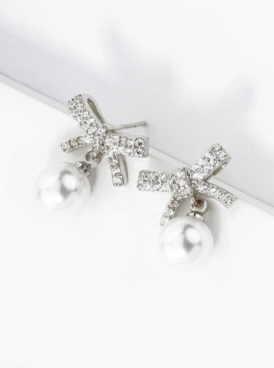 18K Gold Dipped 7mm Pearl Drop Micro Pave Set Cubic Zirconia Ribbon Bow Dangle Post Earrings