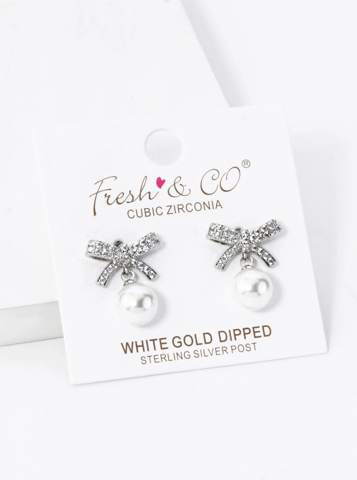 18K Gold Dipped 7mm Pearl Drop Micro Pave Set Cubic Zirconia Ribbon Bow Dangle Post Earrings