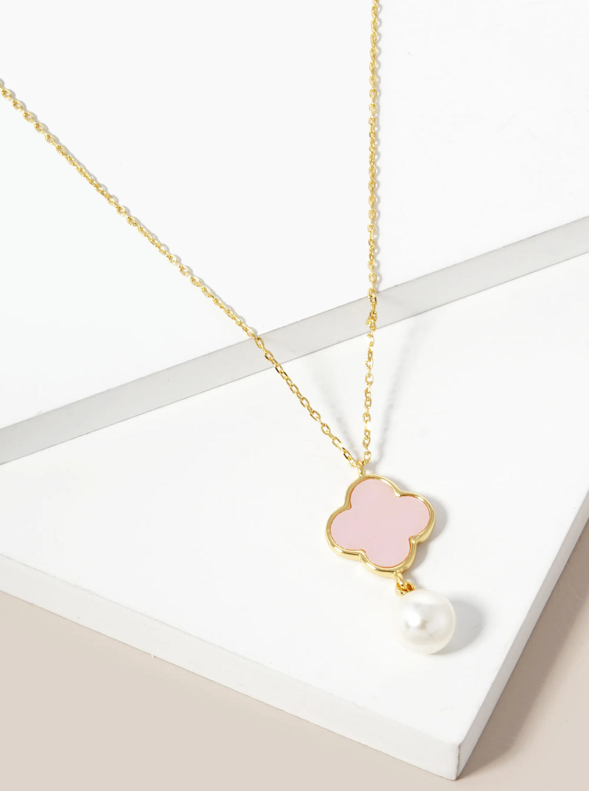18K Gold Dipped 7mm Pearl Drop Quatrefoil Pendant Necklace