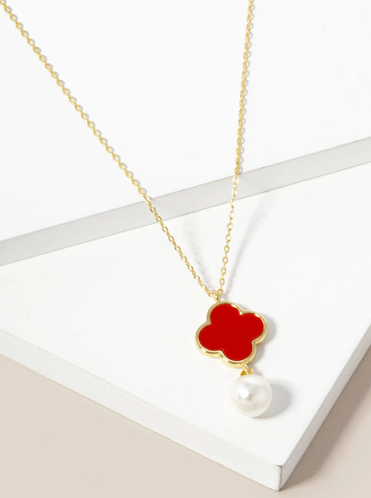 18K Gold Dipped 7mm Pearl Drop Quatrefoil Pendant Necklace