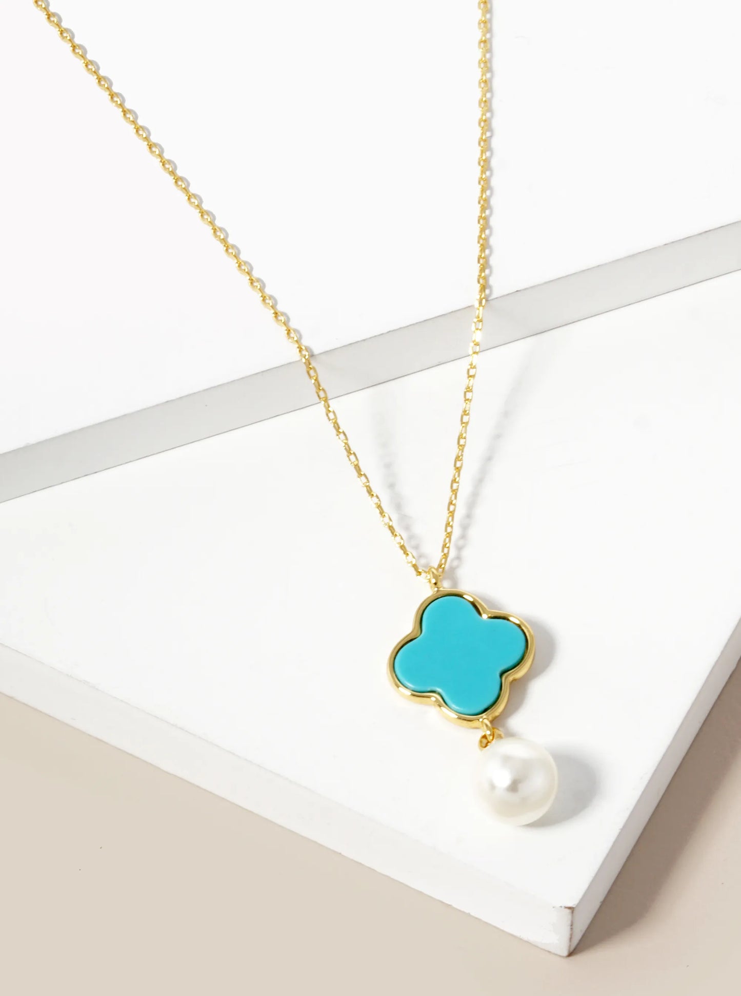 18K Gold Dipped 7mm Pearl Drop Quatrefoil Pendant Necklace