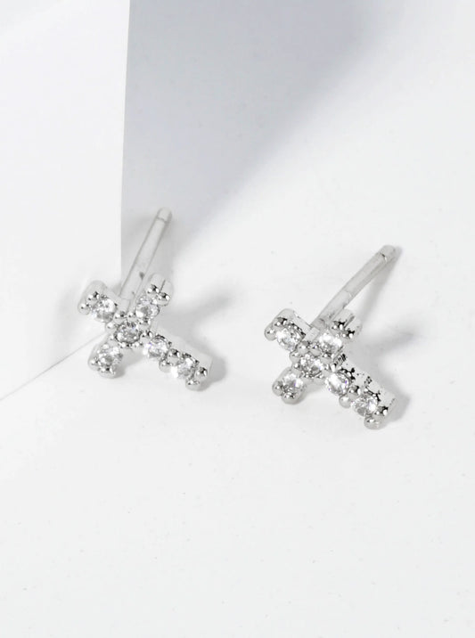 18K Gold Dipped 7mm Tiny Cubic Zirconia Cross Stud Earrings
