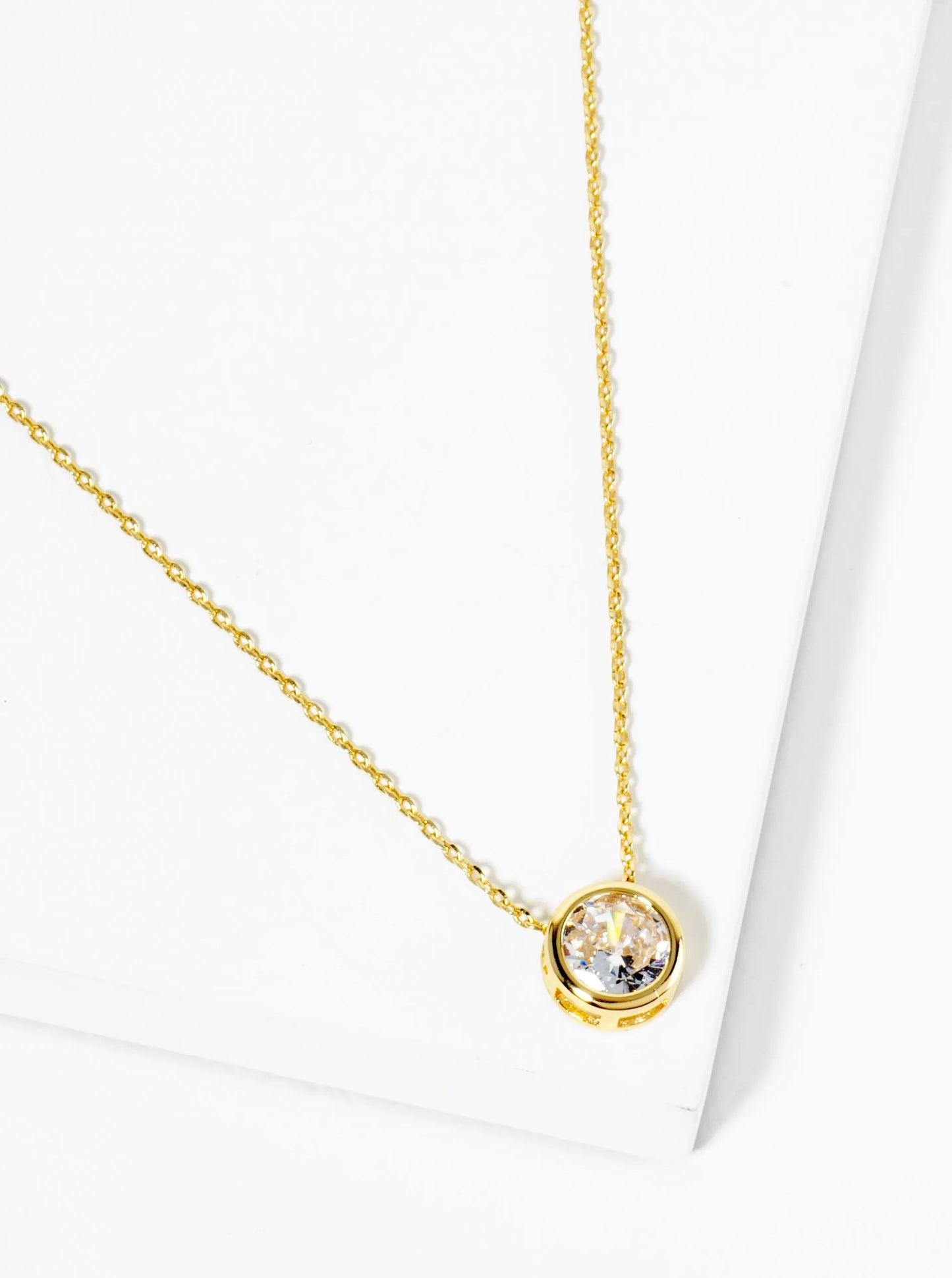 18K Gold Dipped 8mm Bezel Set Round CZ Stone Pendant Necklace