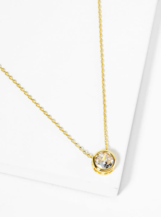 18K Gold Dipped 8mm Bezel Set Round CZ Stone Pendant Necklace
