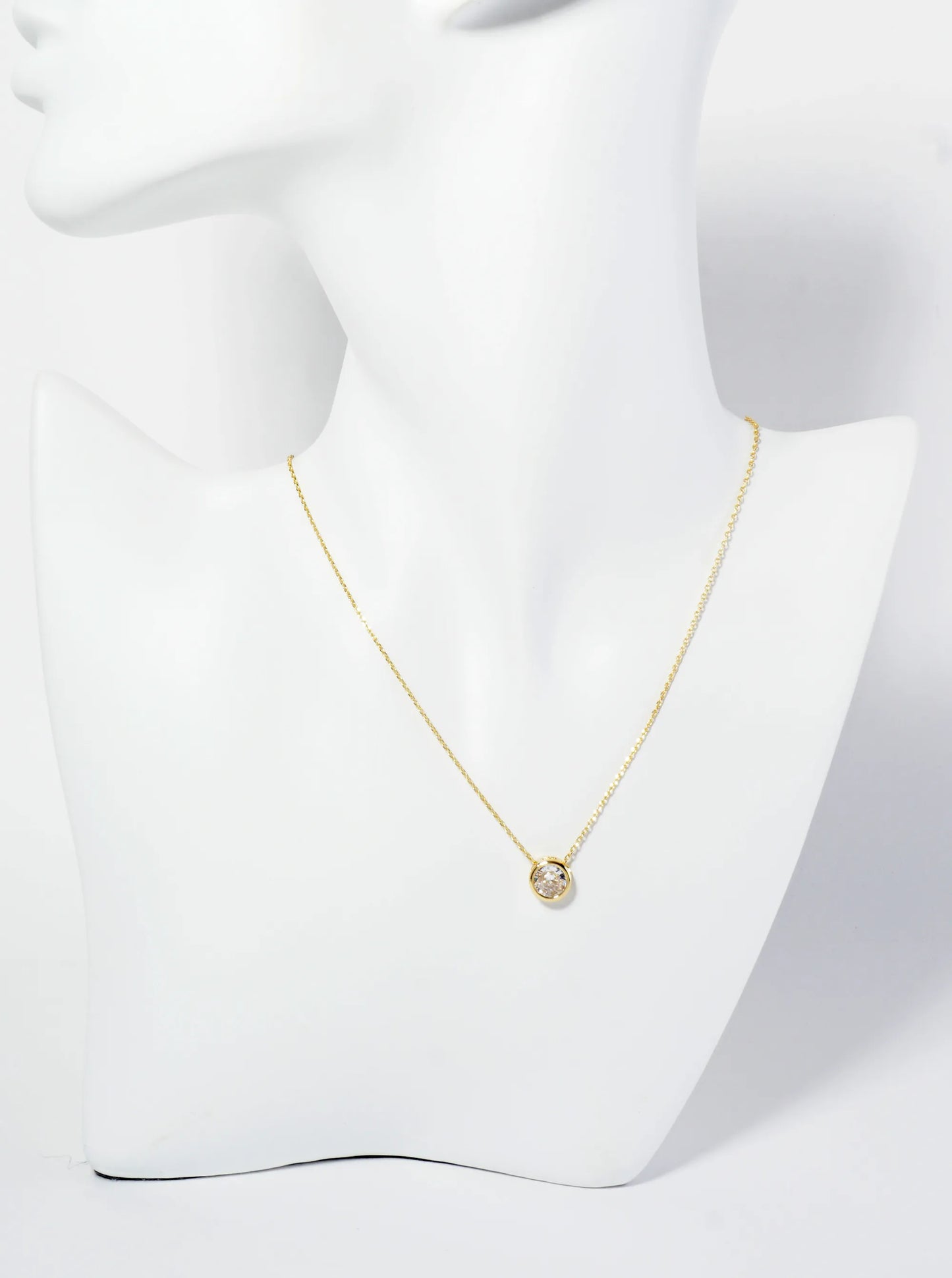 18K Gold Dipped 8mm Bezel Set Round CZ Stone Pendant Necklace