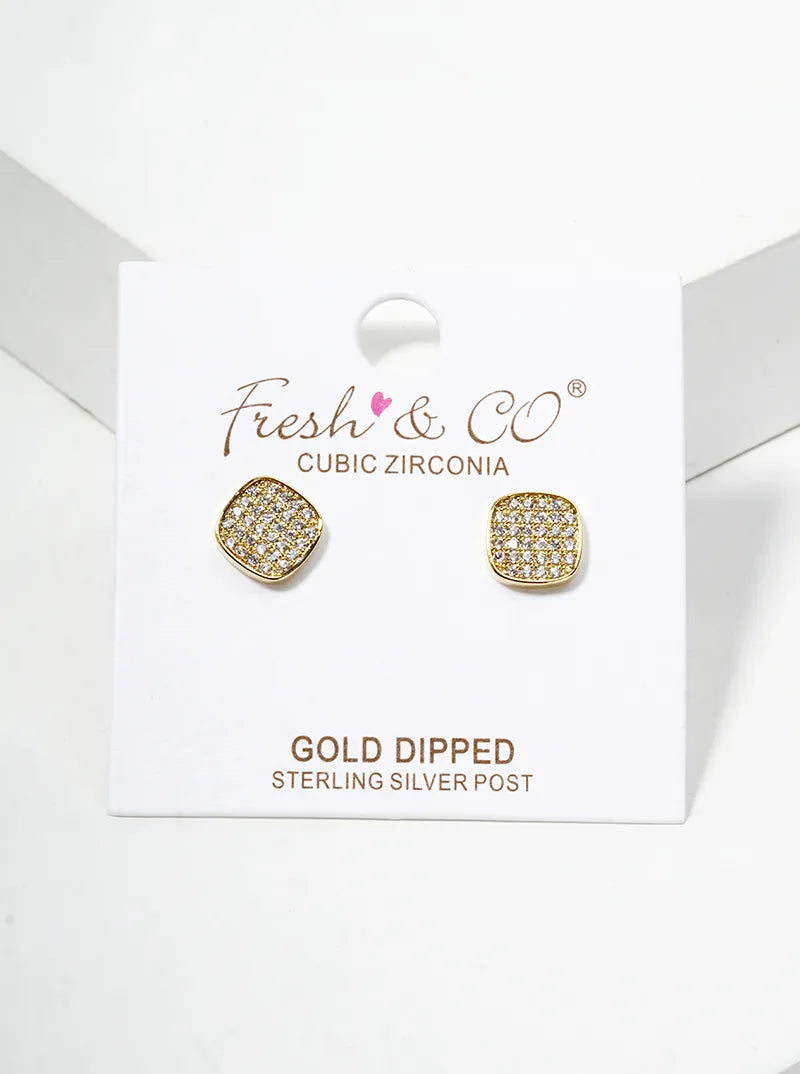 18K-Gold-Dipped 8mm CZ Pave Rounded-Square Post Stud Earrings