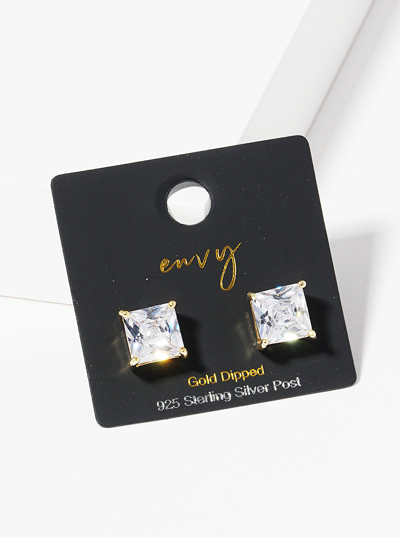 18K Gold Dipped 8mm Square CZ Sterling Silver Post Stud Earrings