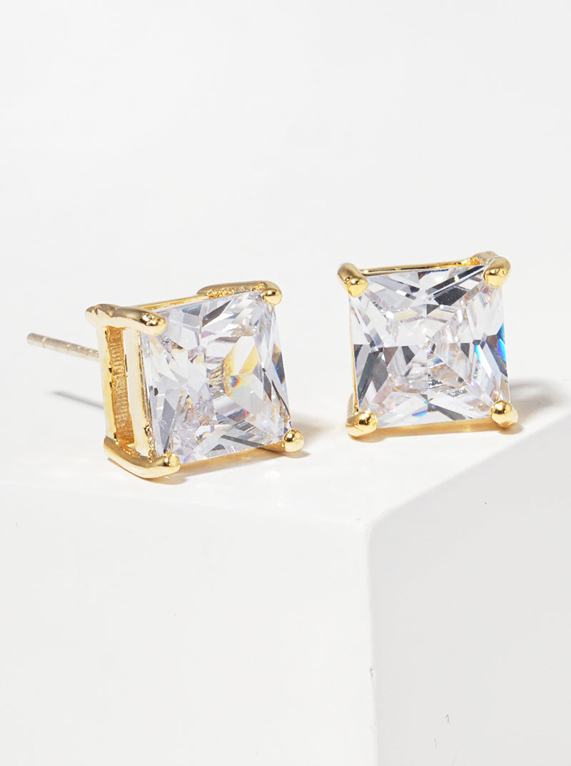 18K Gold Dipped 8mm Square CZ Sterling Silver Post Stud Earrings