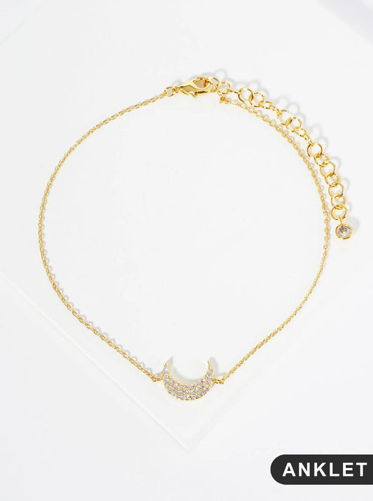 18K Gold Dipped 9mm Cubic Zirconia Pave Crescent Moon Brass Chain Anklet