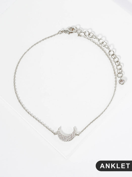 18K Gold Dipped 9mm Cubic Zirconia Pave Crescent Moon Brass Chain Anklet