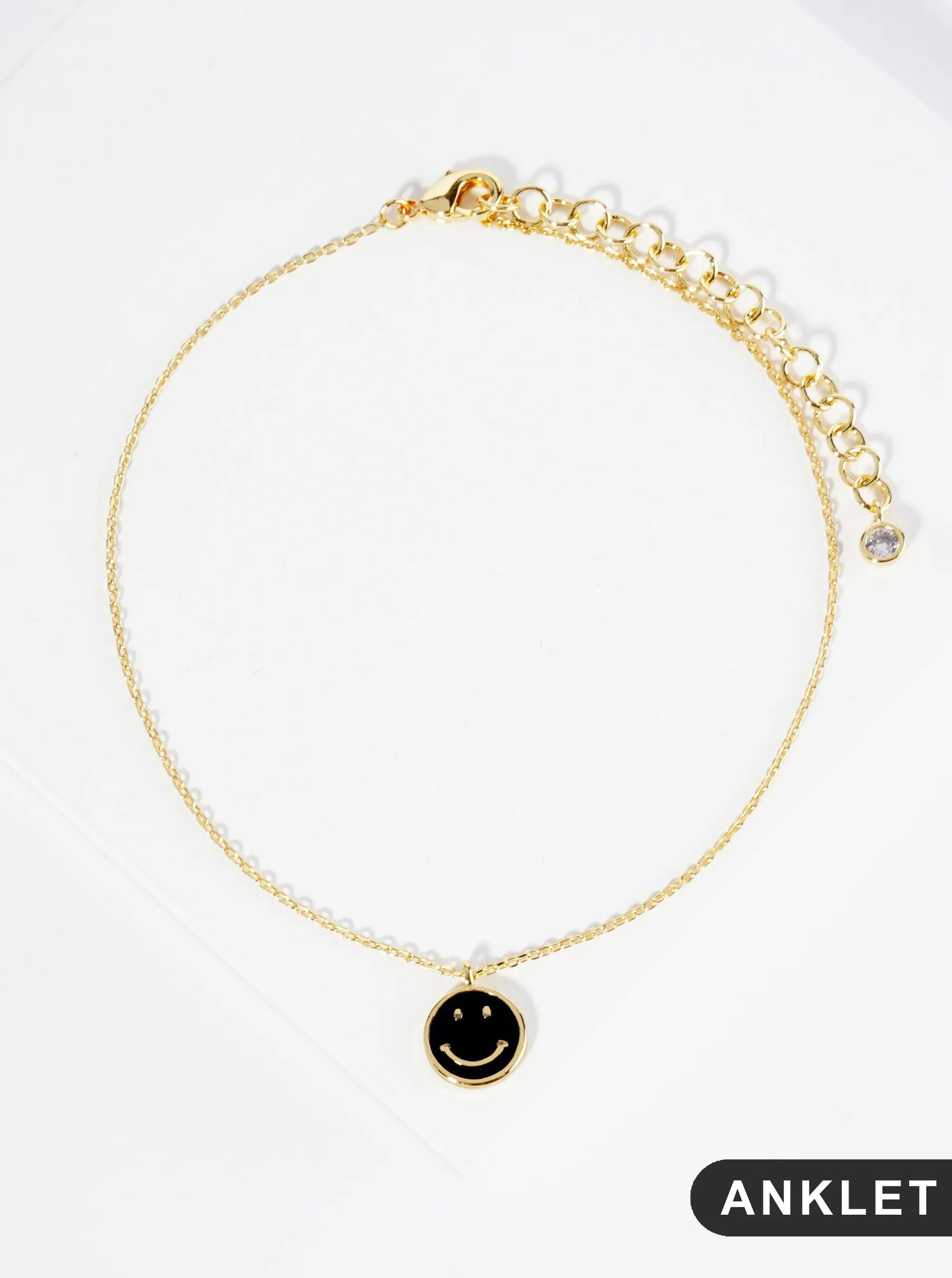 18K Gold Dipped 9mm Enamel Smiley Face Charm Brass Chain Anklet