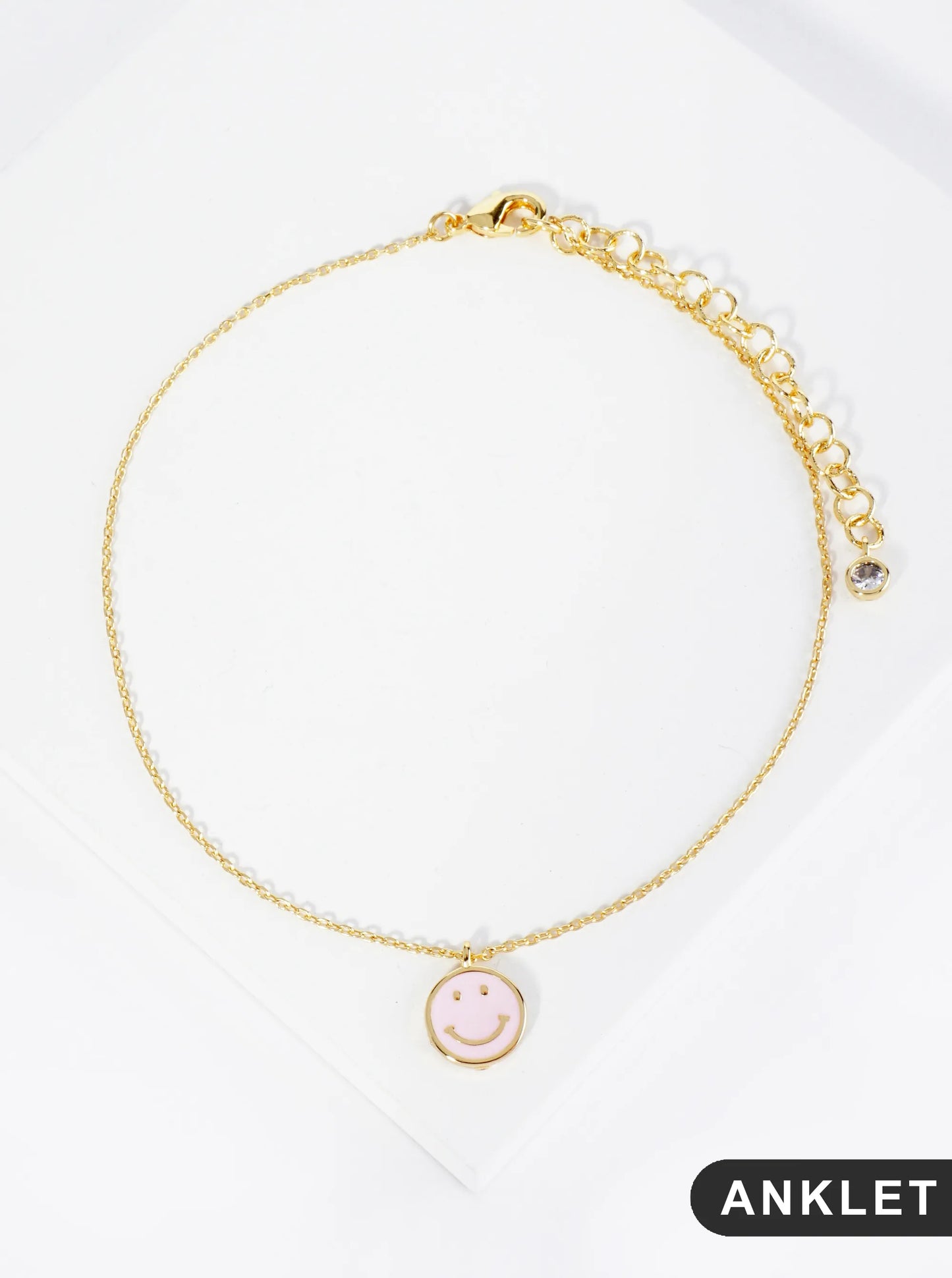 18K Gold Dipped 9mm Enamel Smiley Face Charm Brass Chain Anklet