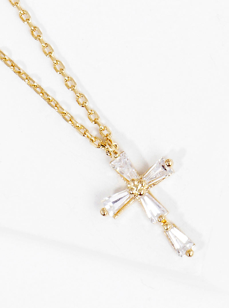18K Gold Dipped Baguette CZ Cross Pendant Delicate Necklace