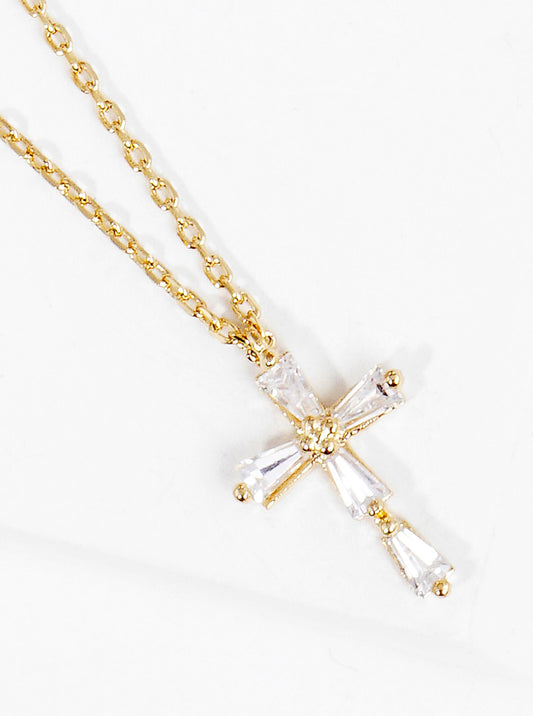 18K Gold Dipped Baguette CZ Cross Pendant Delicate Necklace