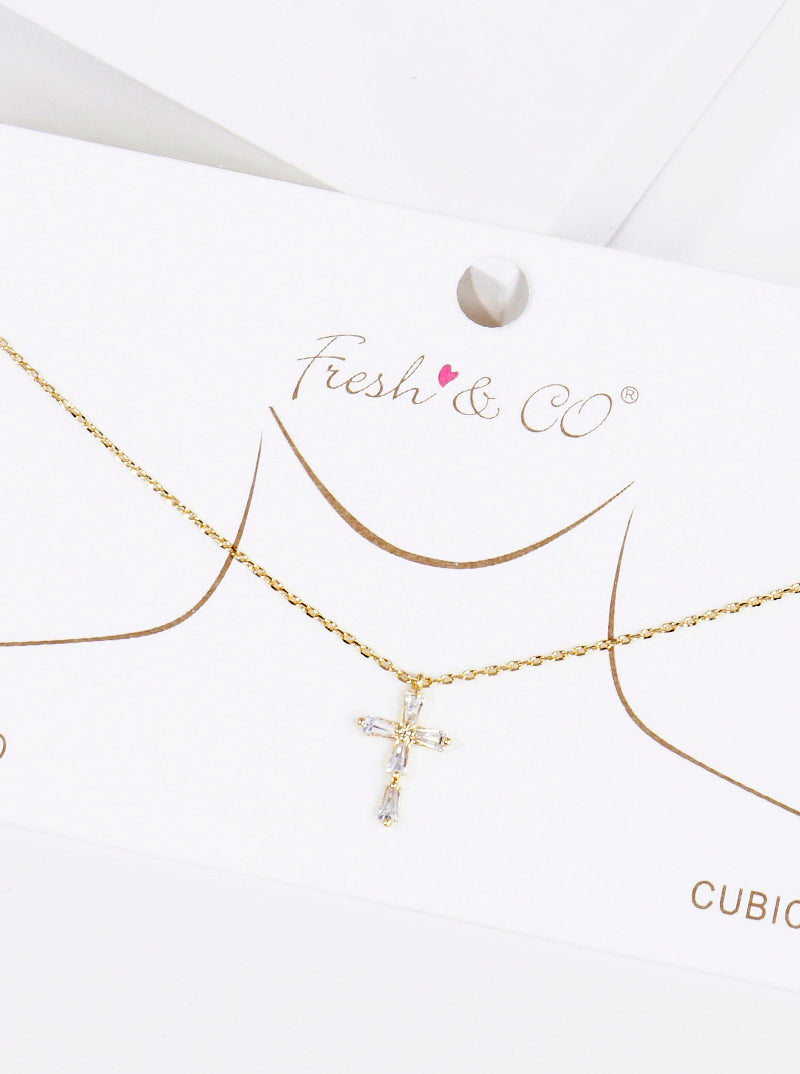 18K Gold Dipped Baguette CZ Cross Pendant Delicate Necklace
