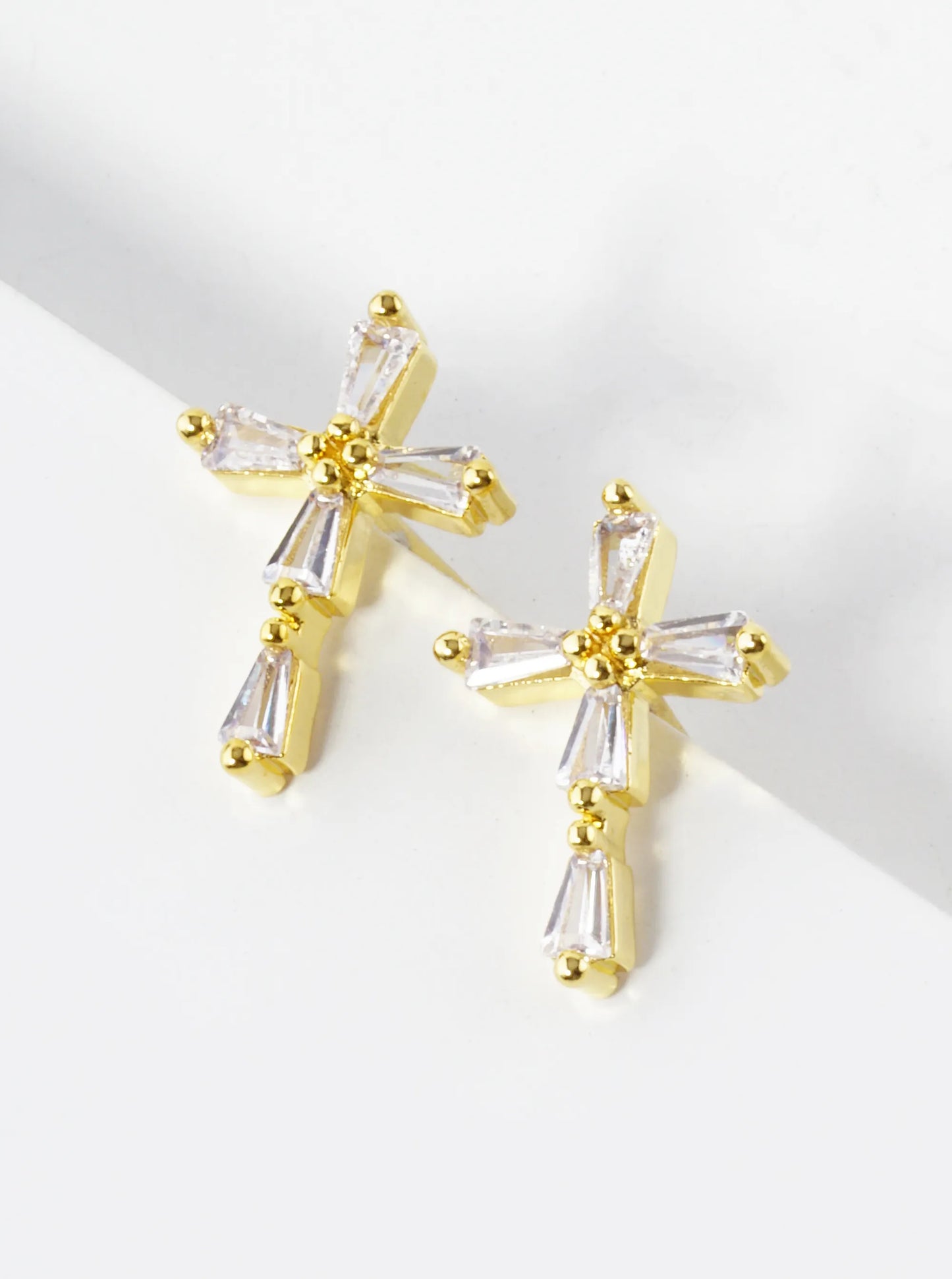 White Gold Dipped Baguette CZ Cross Stud Earrings