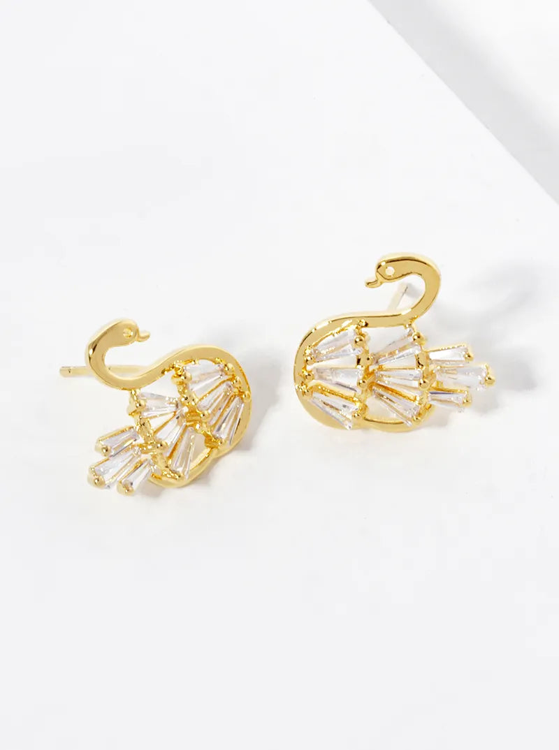 18K-Gold-Dipped Baguette CZ Pave Swan Post Stud Earrings