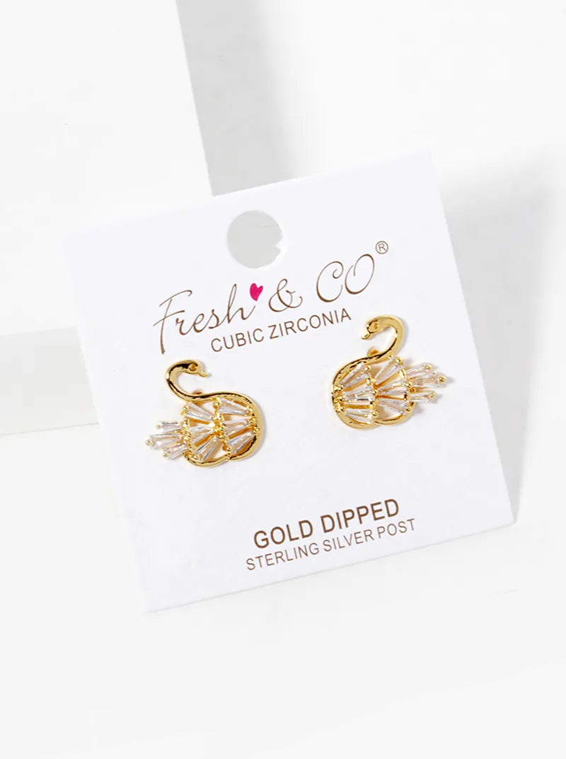 18K-Gold-Dipped Baguette CZ Pave Swan Post Stud Earrings